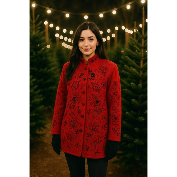 Carole Little Red Wool Floral Embroidered Coat Womens Large Jacket - Picture 1 of 8